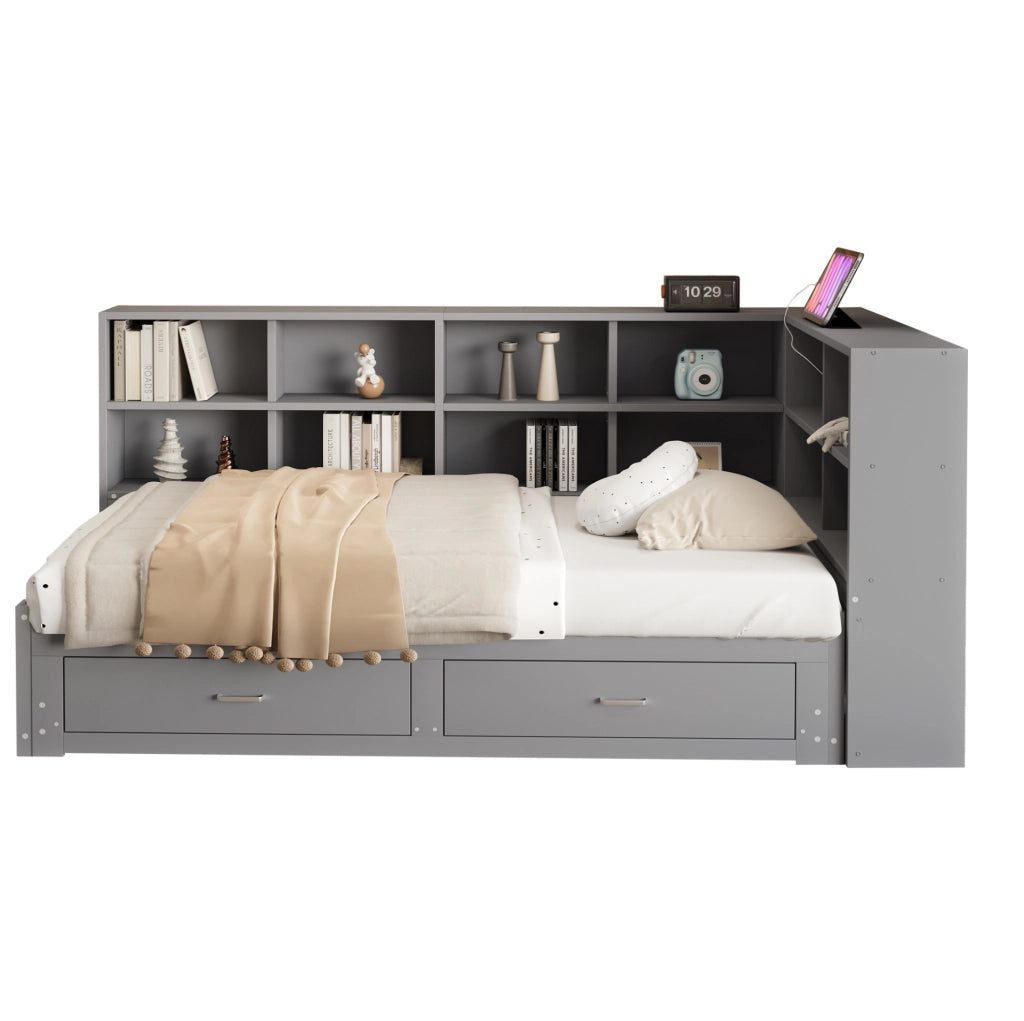 Letto singolo estraibile in legno con contenitori, cassetti e presa multifunzione