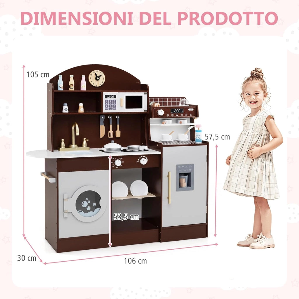 Cucina Giocattolo con Macchina da Caffè e del Ghiaccio, Cucina per Bambini in Legno con Lavatrice, Microonde, Fornelli e Lavandino, Set Cucina con 27 Accessori, 106 x 30 x 105 cm (Marrone)
