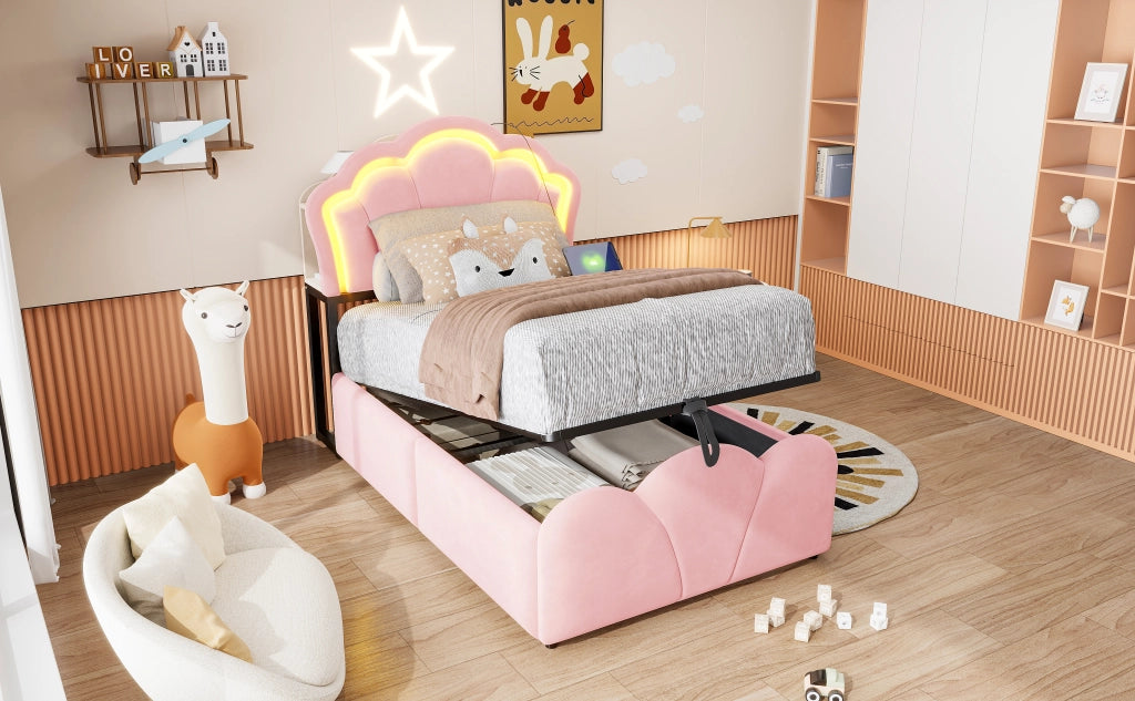 DESMIU Letto Contenitore 90 × 200 cm 1 Piazza con LED, Prese, Ripiani nella Testiera, Senza Materasso, Velluto, Rosa