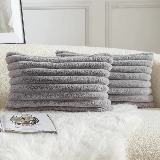 Set di 2 copriletti, pelliccia artificiale a strisce, piumino super soffice, copriletti moderni soffici, divano decorativo, soggiorno, camera da letto, copriletti, 30 x 50 cm, grigio