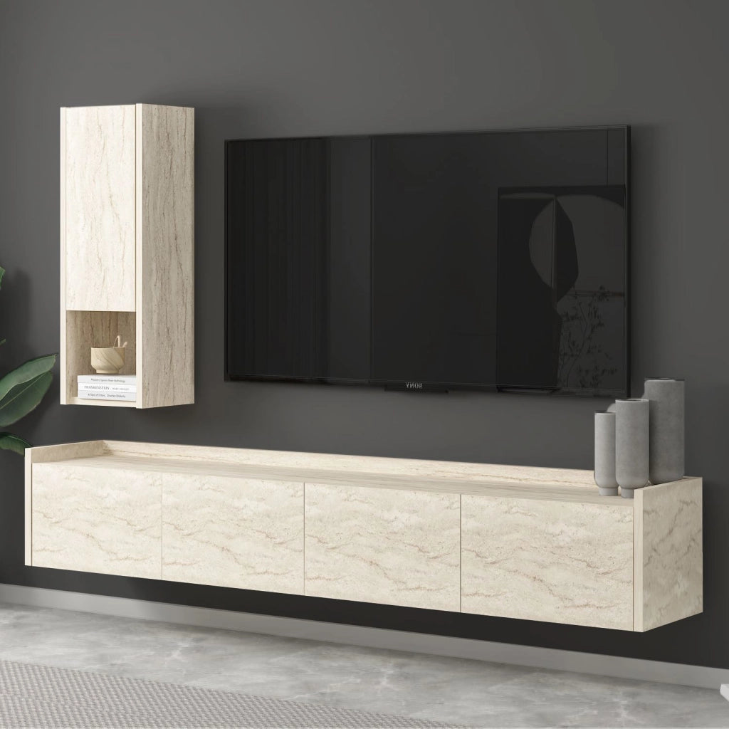 Porta TV in legno "Sema" con mensola a muro - 160 x 30 x 35 cm - Travertino