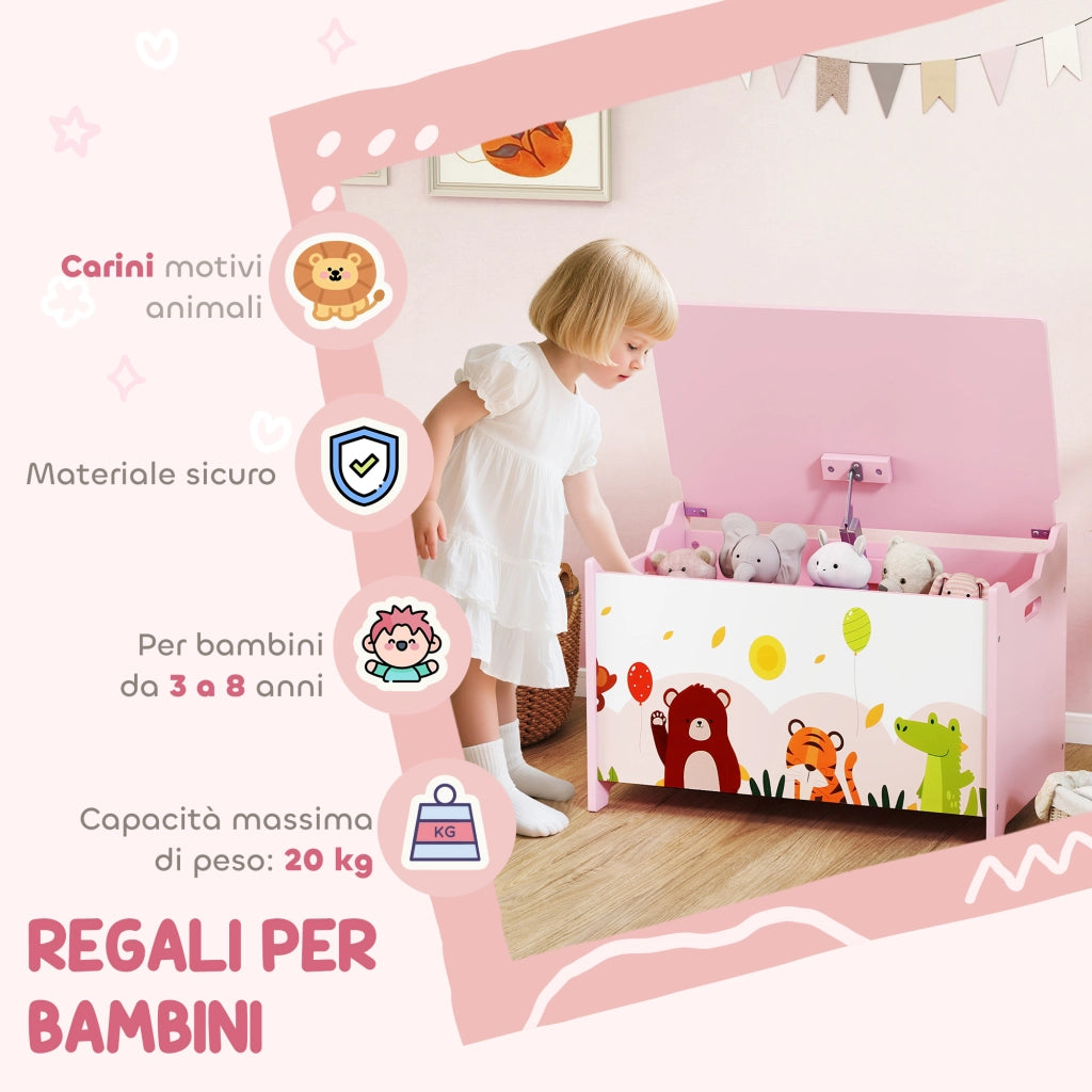 Baule Portagiochi Bambini in Legno con Cerniere di Sicurezza ¨C zephmum ¨C Rosa 60x37x39 cm