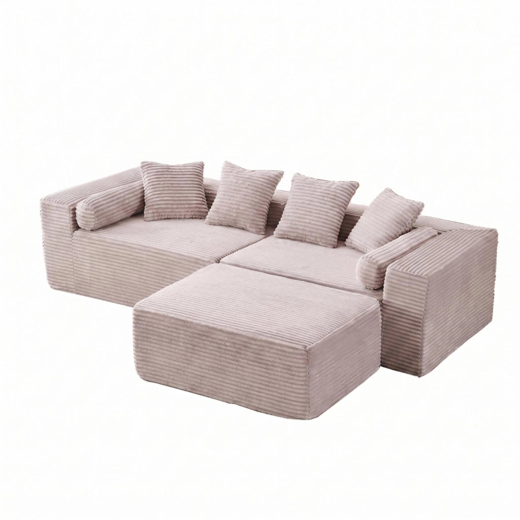 Divano a L, divano componibile, seduta morbida come una nuvola, tessuto chenille, beige