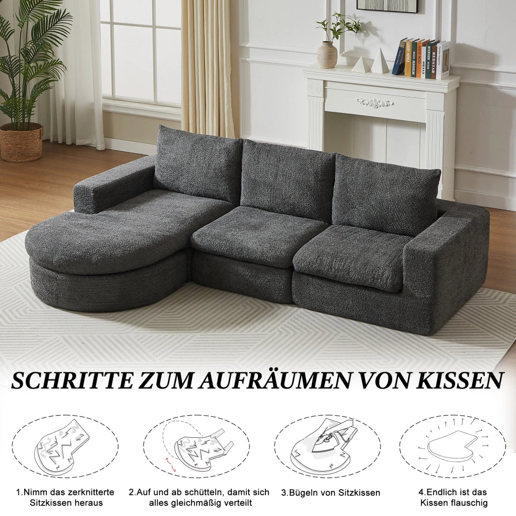 Divano modulare con chaise longue reversibile e cuscini poggiacollo senza montaggio comfort in ciniglia grigio