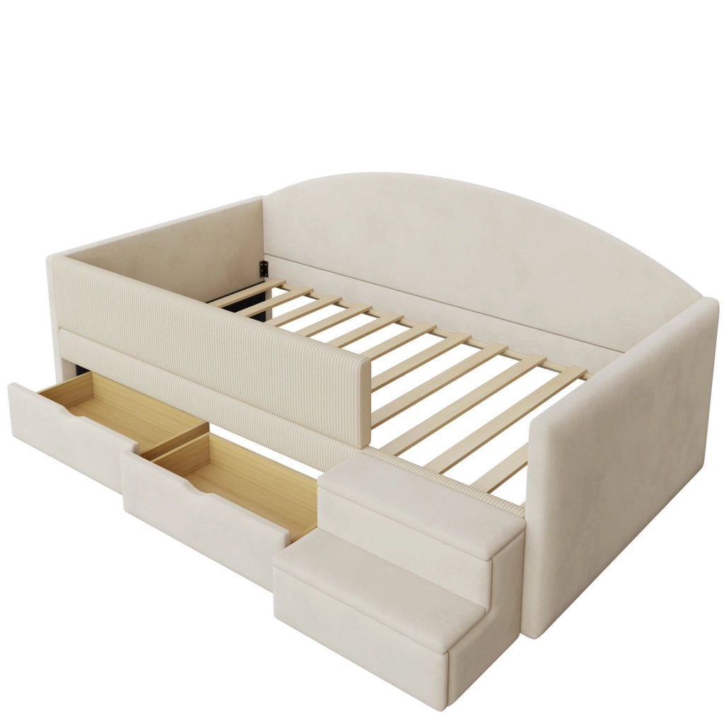 Letto imbottito 90x190 cm con cassetti e gradini in velluto beige