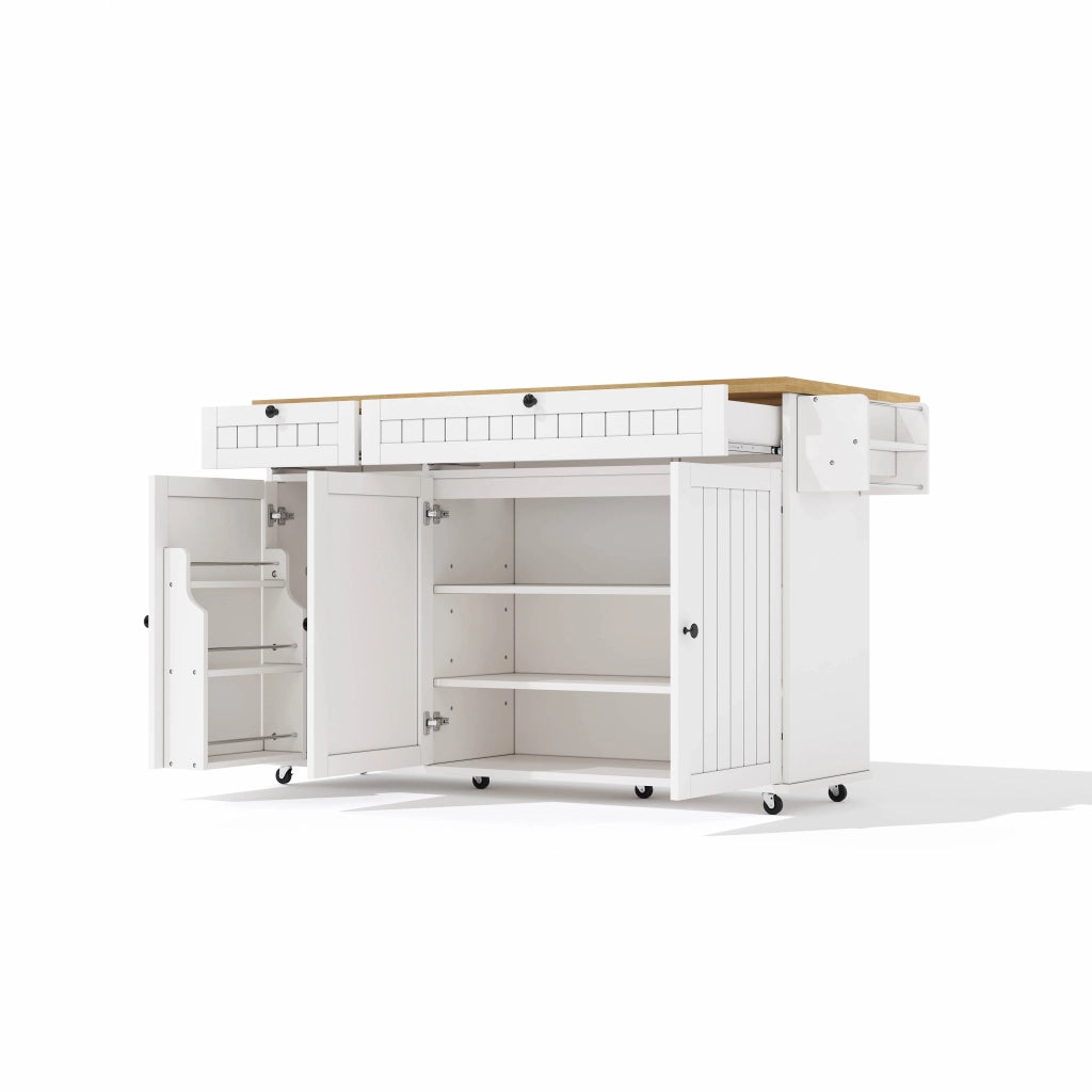Isola da Cucina Mobile 137x45/70x89,5 cm Bianca e Legno con Piano Ribaltabile, 2 Cassetti e 6 Ruote