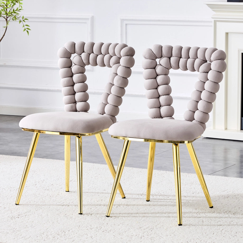 Sedia da pranzo 2 pezzi con schienale geometrico e gambe metalliche in velluto grigio chiaro