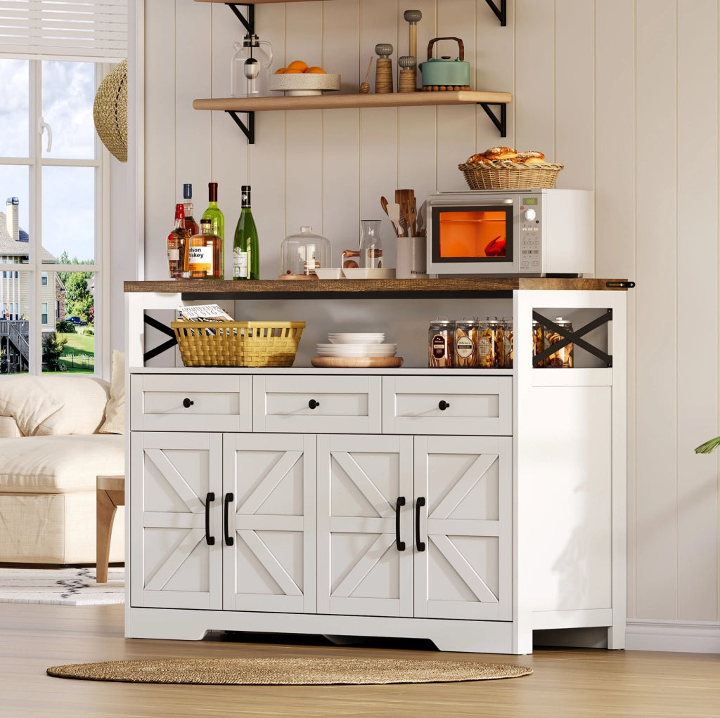 Credenza rustica con 3 cassetti e vani contenitori, 140 cm