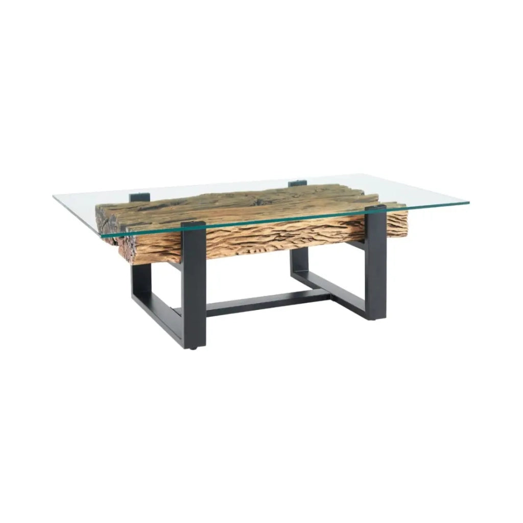 Tavolino basso RAFTA 130 cm in teak riciclato con vetro temperato – Gambe in metallo nero a U
