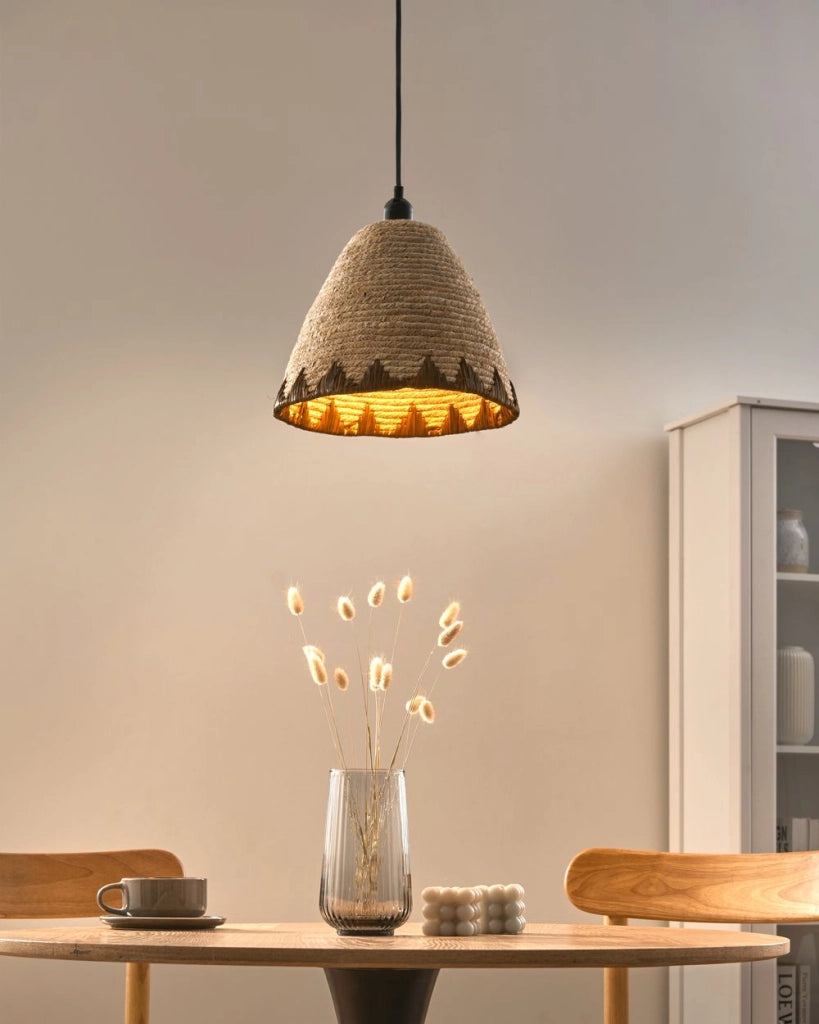 Lampada a sospensione con paralume in foglia di mais naturale, a cupola intrecciata, stile boho-japandi