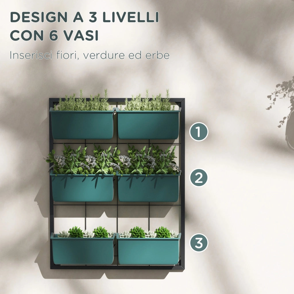 Orto Verticale da Parete a 3 Livelli con 6 Vasi, in Acciaio e Plastica, 52x14x66 cm, Verde