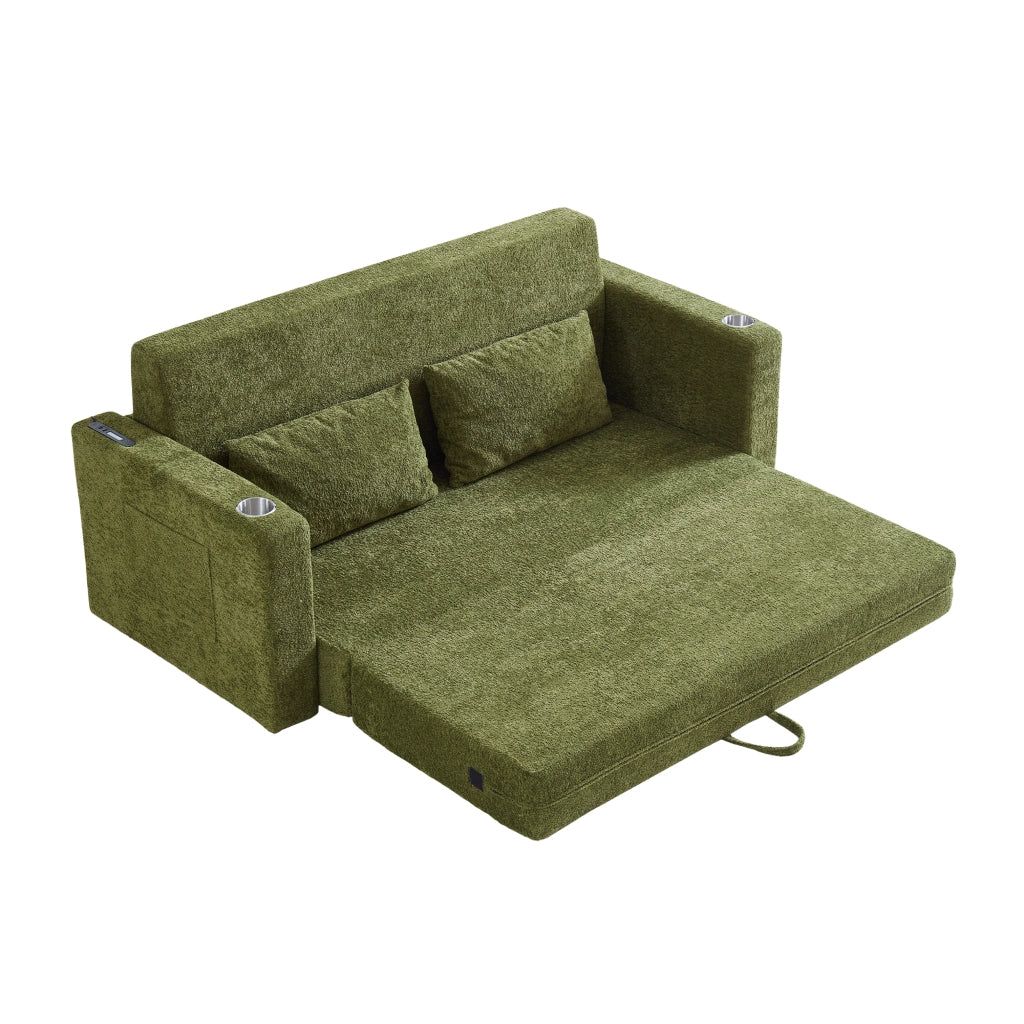 Divano letto 2 posti con funzione letto; USB; portabicchieri e tasche laterali in schiuma verde