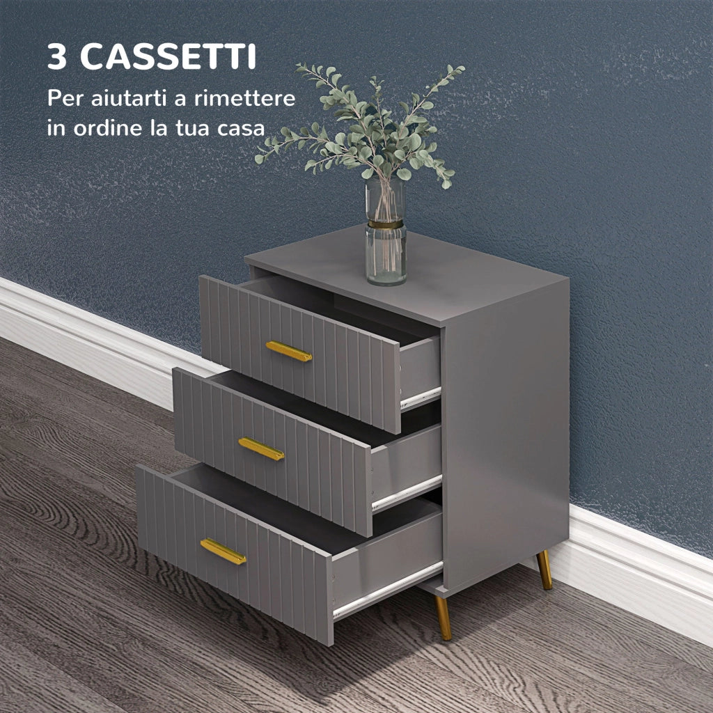 Cassettiera 3 Cassetti Design Moderno 60x40x71,5 cm in Legno e Alluminio Oro e Grigio Scuro