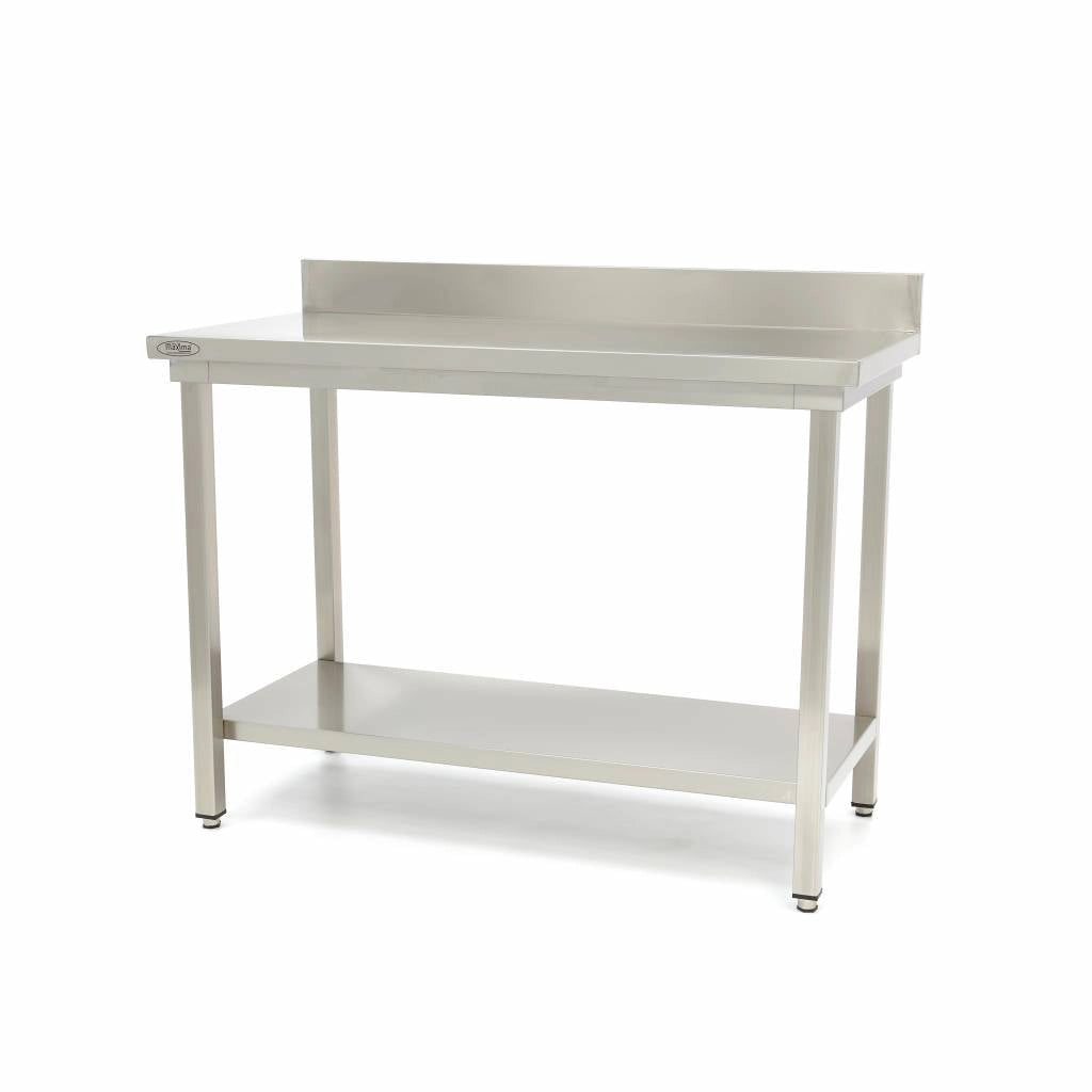 Tavolo in Acciaio Inox - 200 x 60cm - Altezza Regolabile - con Schienale e Ripiano di Stoccaggio