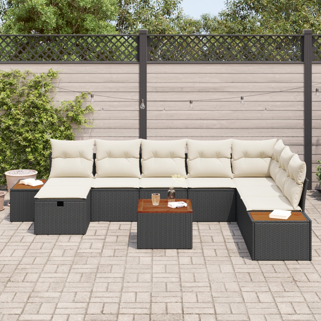 Set di Divani da Giardino 9 Pezzi con Cuscini Polyrattan Nero