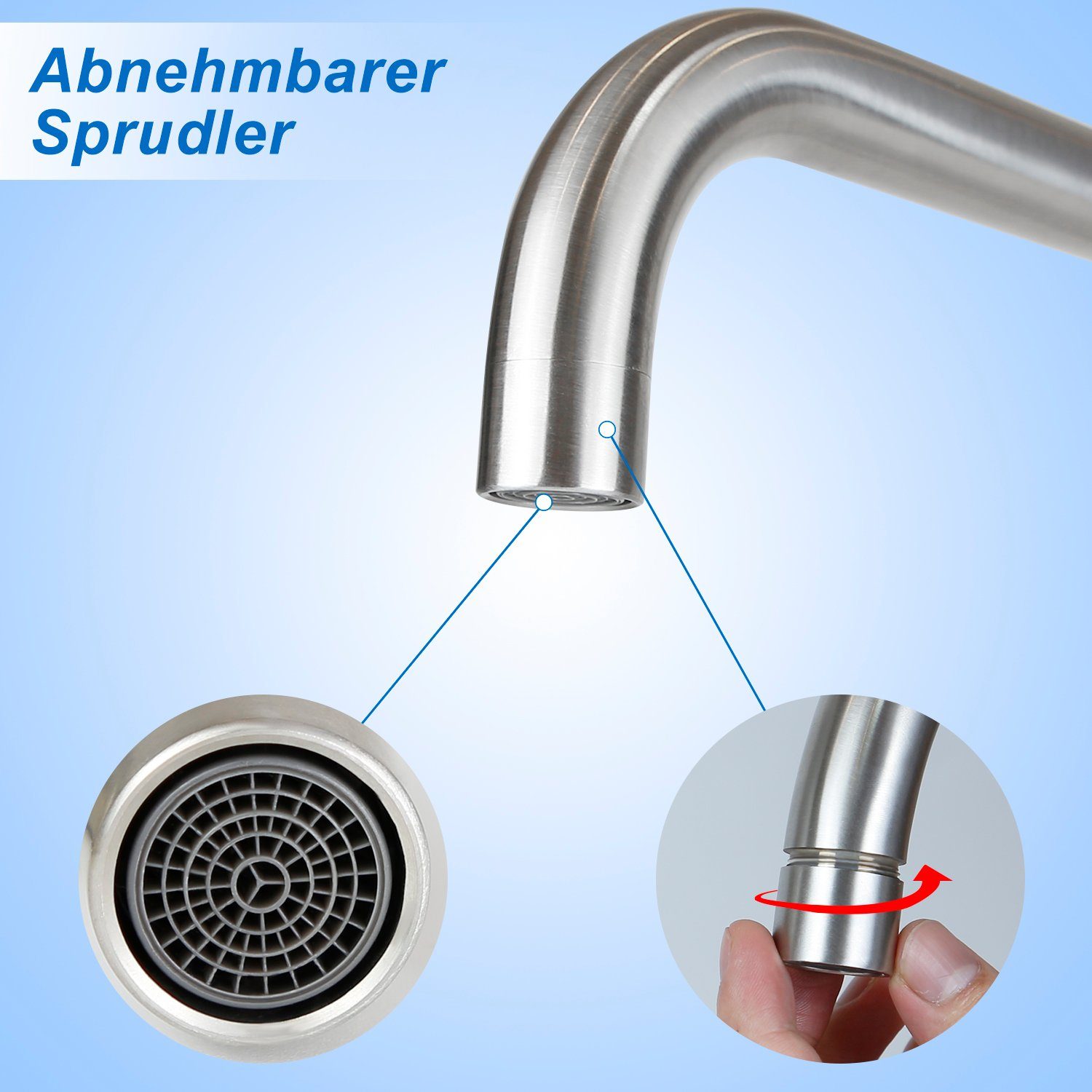 ZMH Rubinetto da Lavabo Acciaio Inossidabile Giro 360° Acqua Calda Fredda Alta Pressione Silenzioso