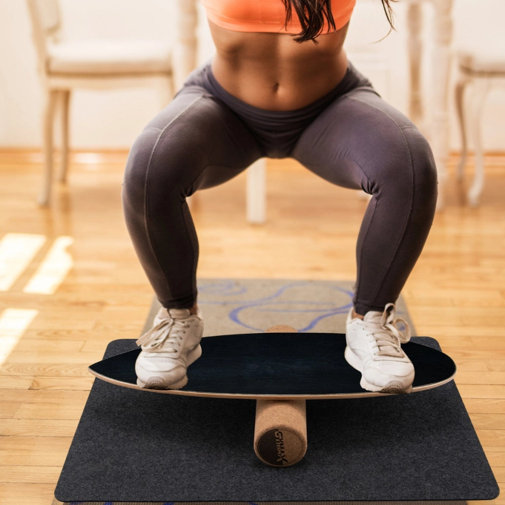 Tavola oscillante realizzata in legno di betulla e sughero, Balance board con rullo e copertura antiscivolo Nero-Barre per flessioni