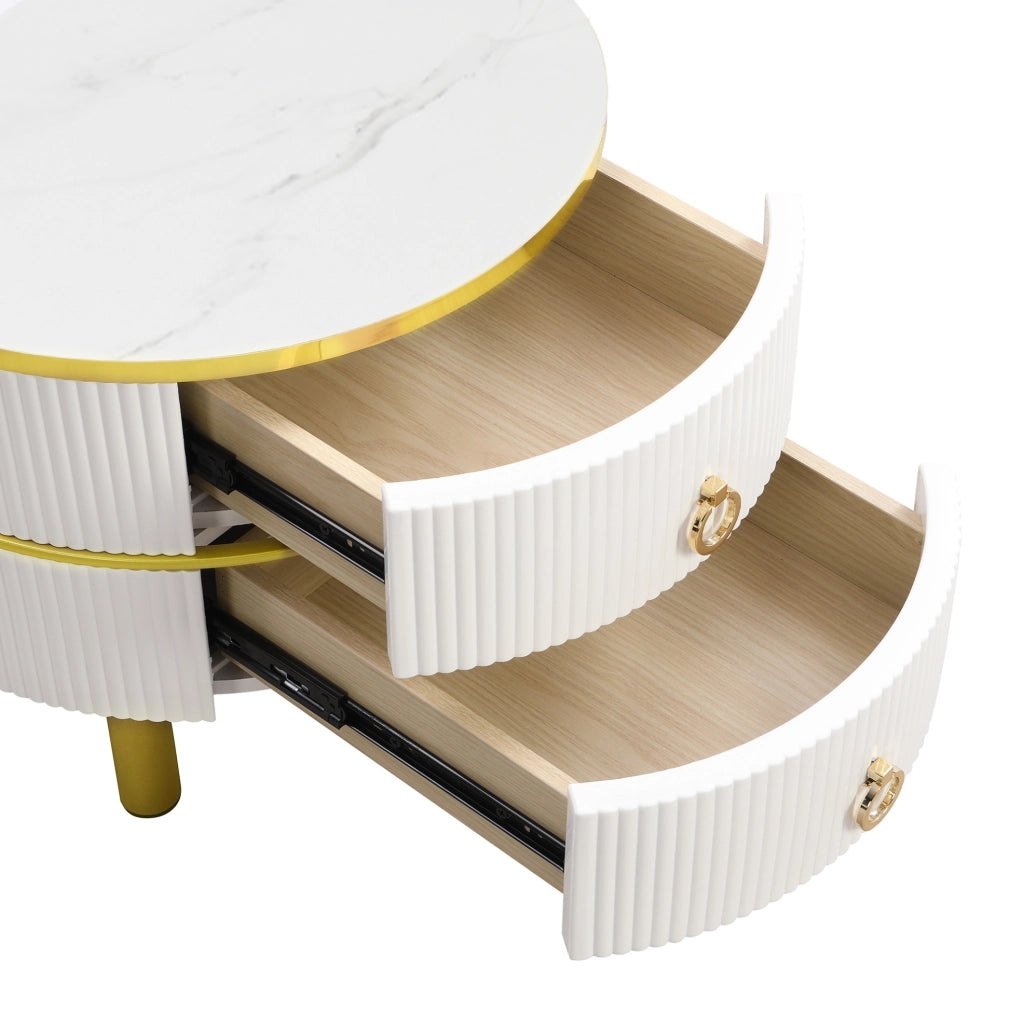Set di 2 tavolini da caffè rotondi con 2 cassetti 70x70x45/50x50x40 cm MDF bianco e vetro marrone