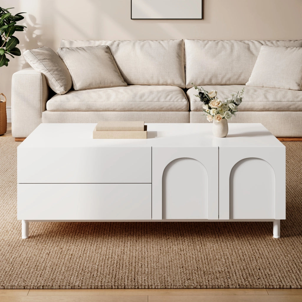 Tavolino da caffè con 2 cassetti e 2 ante - per soggiorno - 100×50×39.5 cm - bianco