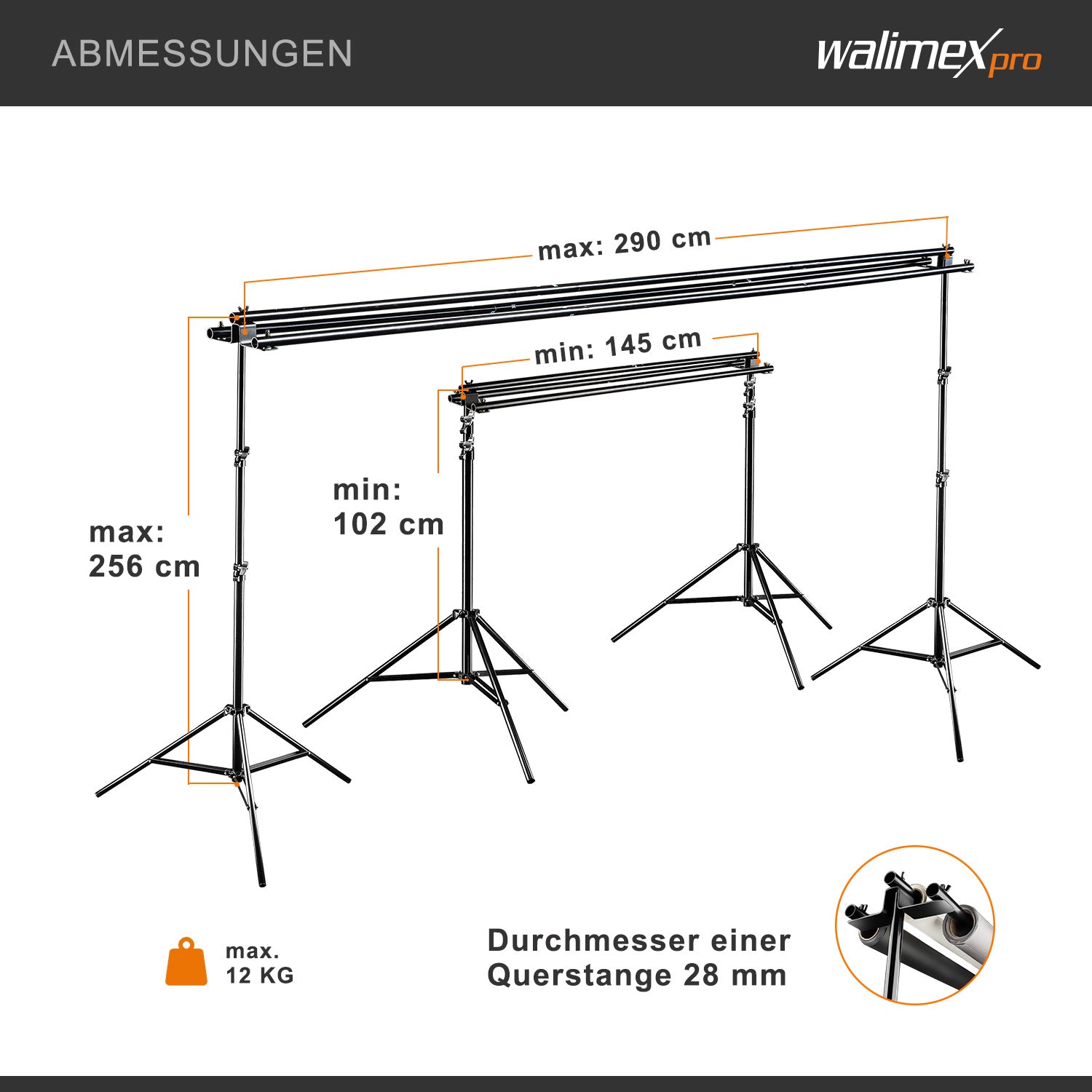 Sistema di sfondi 3x largo 145-290 cm, supporto per fino a 3 tele in carta e tessuto, fondale fotografico fino a 250 cm di altezza per fotografia, video e green screen