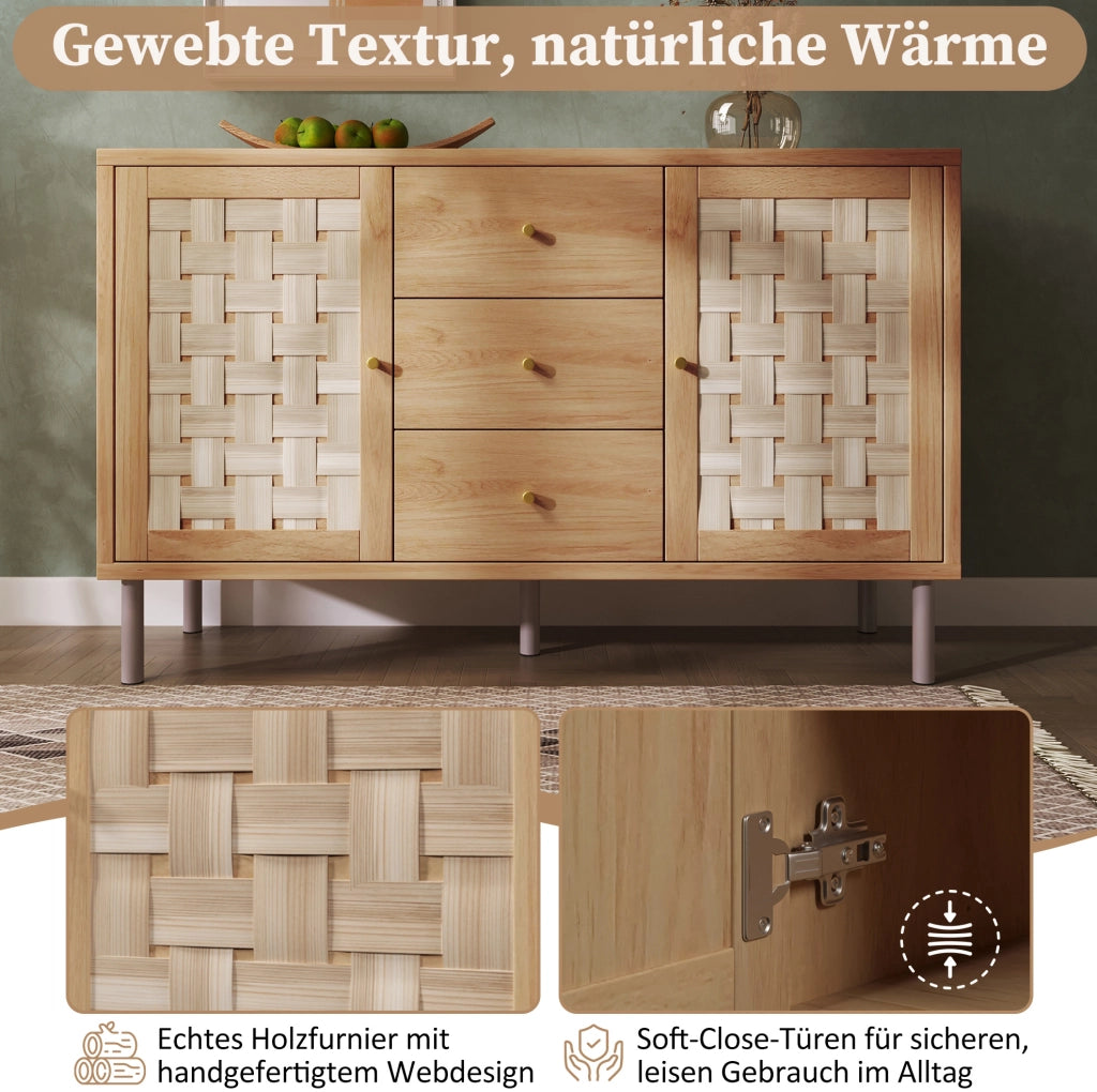Credenza rustica 120x40x75 cm rovere con 2 ante e 3 cassetti