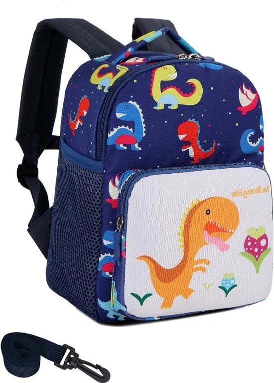 Rugzak di Sicurezza Anti Perdita con Cinture di Trattenuta per Bambini - Età 2-6 anni - Stampa Dinosauri - Blu Scuro