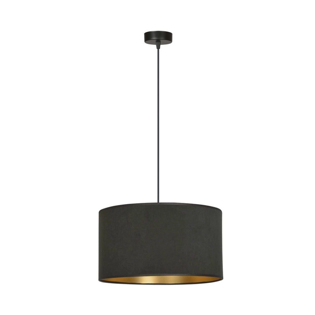 Lampada a sospensione Hilde con paralume in velluto nero e interno oro