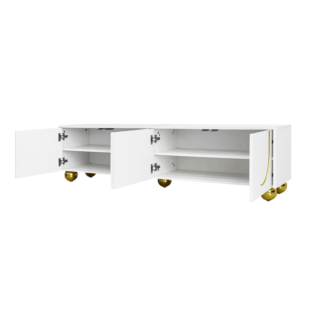 Mobile TV 170x38x44 cm; ante push-to-open con dettagli oro; pannello truciolare bianco
