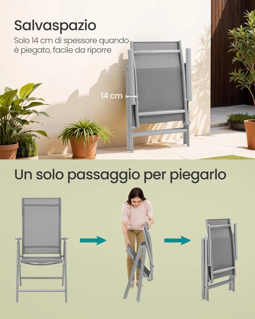 SONGMICS Sedie da Giardino, Set di 4 Sedie Pieghevoli, per Esterno, con Struttura in Metallo, Schienale Regolabile in 8 Posizioni, Capacità di Carico fino a 150 kg, Grigio GCB30GY