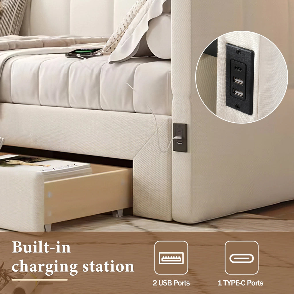 Letto estraibile 90×190 cm con 2 cassetti; USB e Type-C; estensibile a 180×190 cm; senza materasso; beige