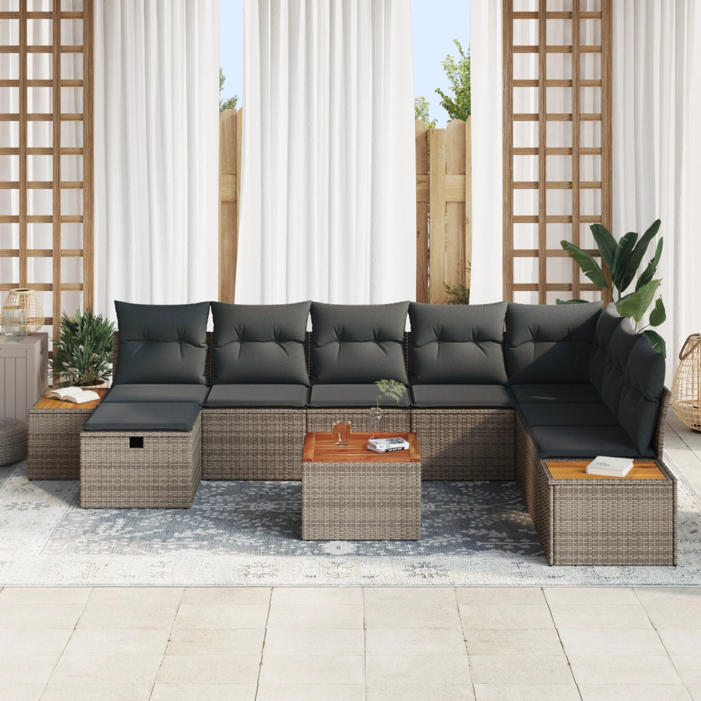 Set Divano da Giardino 9 Pezzi con Cuscini Grigio Rattan Sintetico