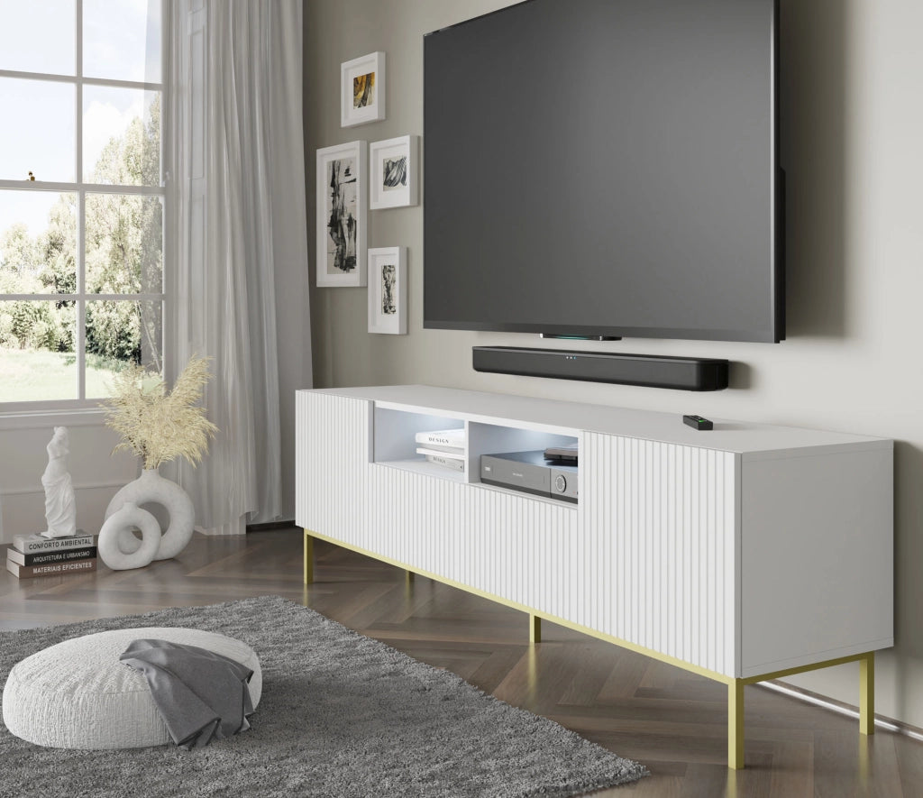 MOBILE RAVENNA BCK PORTA TV IN MDF RIVESTITO IN FOGLIO 2D2S 200 BIANCO OPACO STRUTTURA ORO