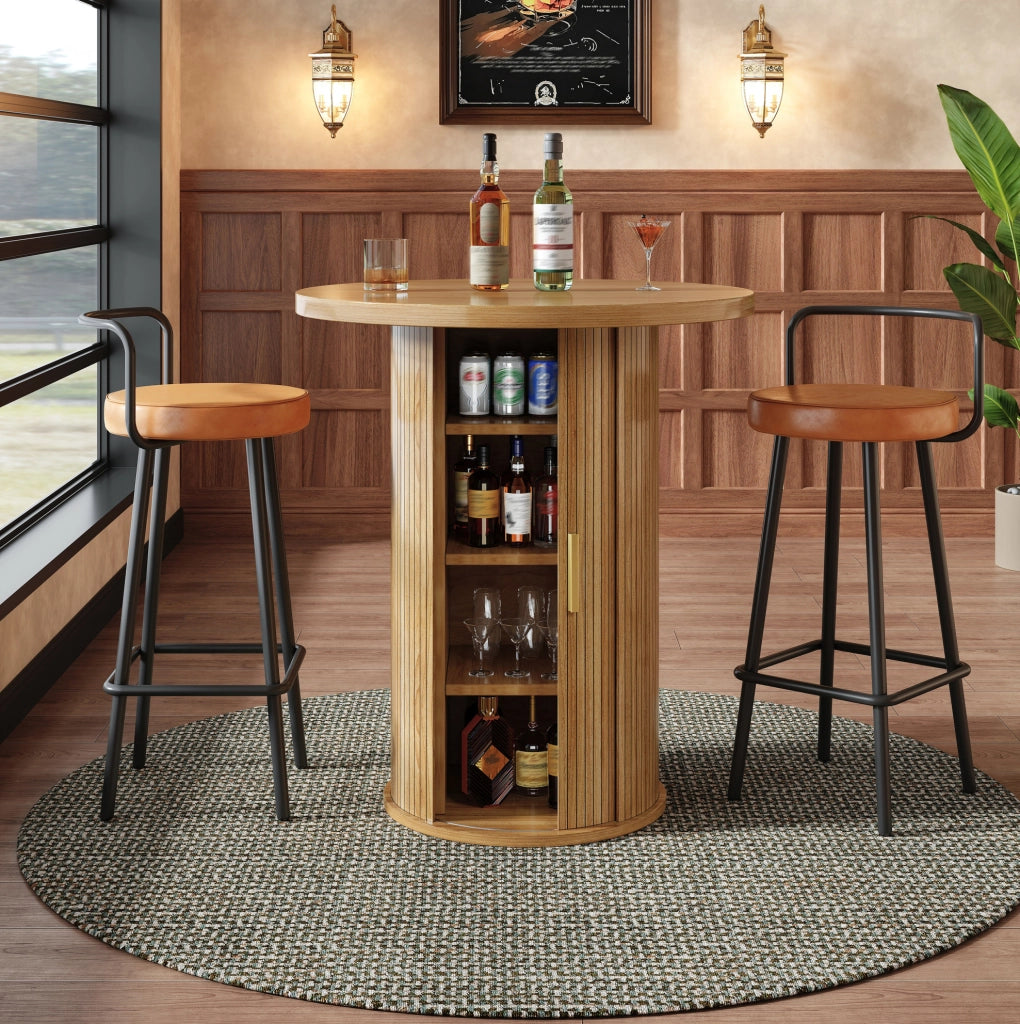 Tavolo bar rotondo con spazio contenitore 60x60x91;6 cm in MDF e metallo; effetto legno