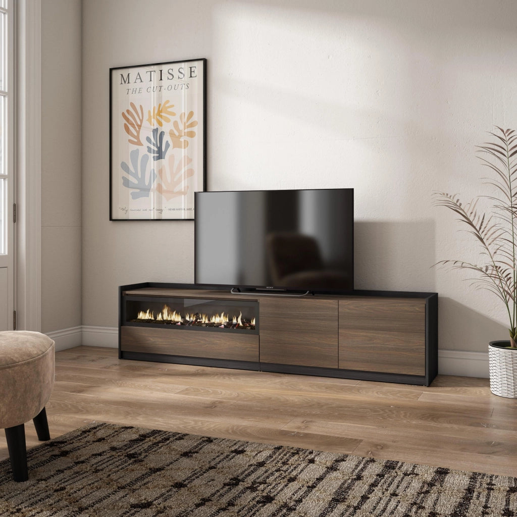 Mobile TV Soggiorno, 207x50x37 cm, Per TV fino a 80", Camino elettrico, Rovere scuro e Nero