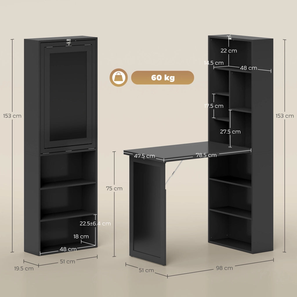 Scrivania Moderna Pieghevole con Libreria e Lavagna, in Legno e Metallo, 98x51x153 cm, Nero