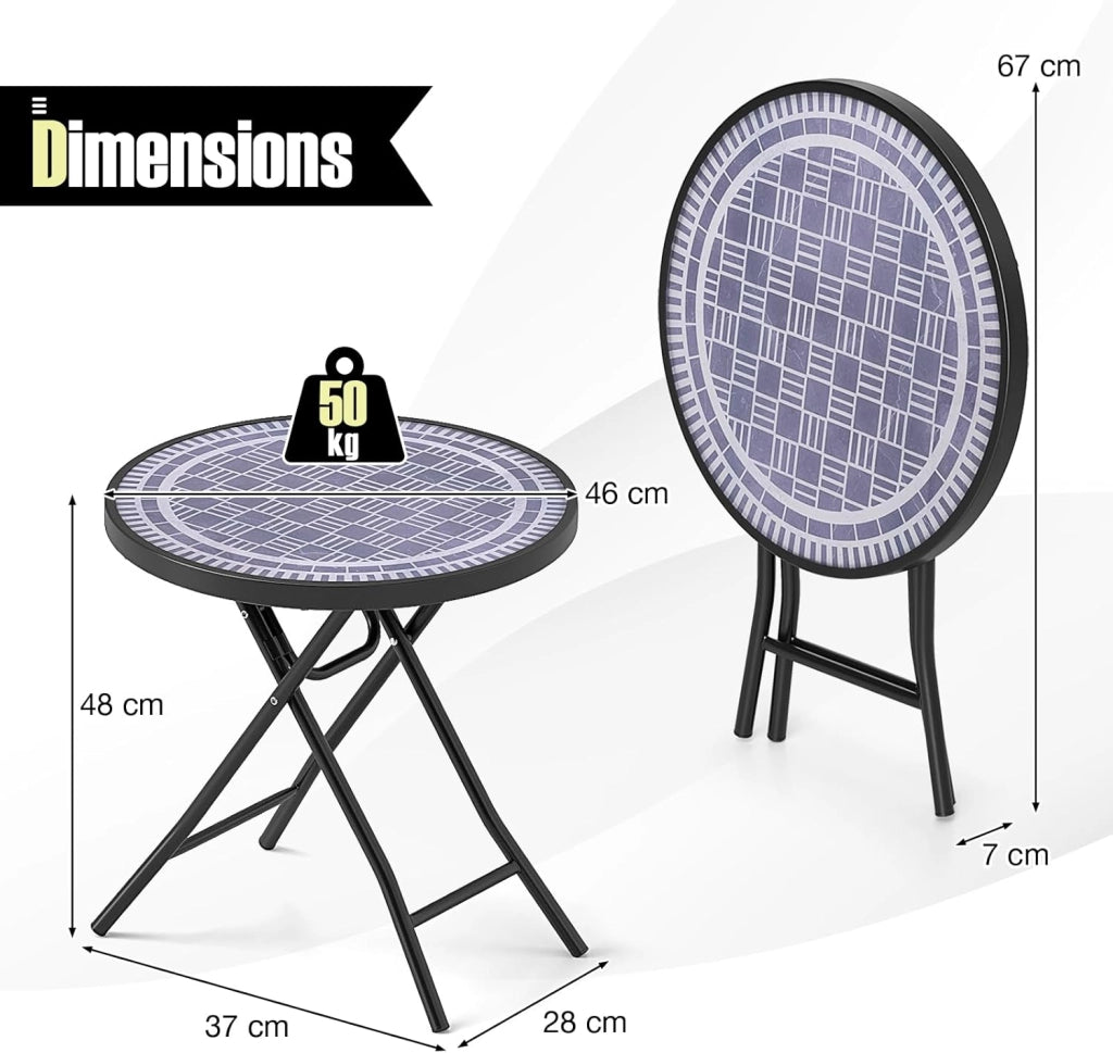 Tavolo da giardino rotondo pieghevole, tavolino da terrazza da 45,7 cm con piano in vetro temperato, telaio in metallo, interno esterno, per giardino, balcone, portico, soggiorno