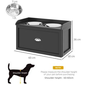 Ciotole per Cani Rialzate 60x30x36 cm in Acciaio Inox e Legno con Cassetto Nero