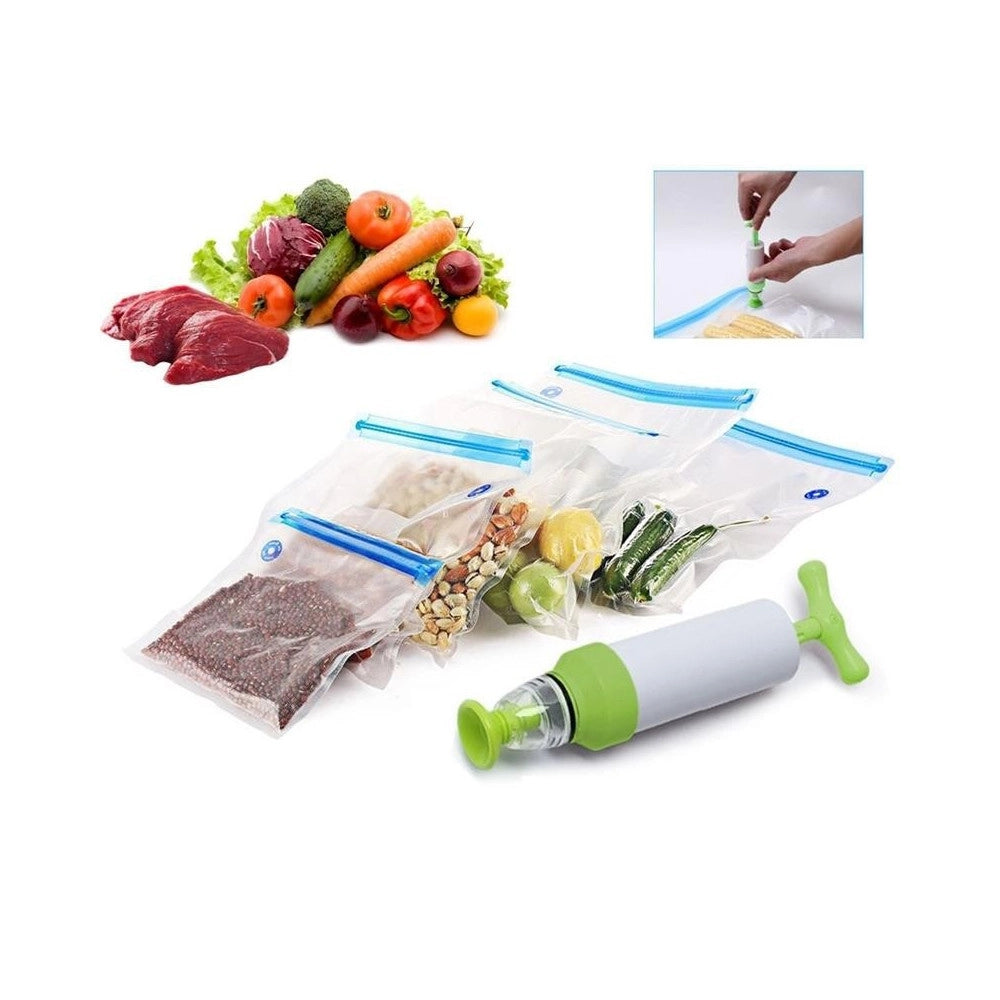 Trade Shop - Set Sacchetti Zip Sottovuoto Con Pompa A Mano 2 Clip Chiudi Buste Sigilla Chiudi -