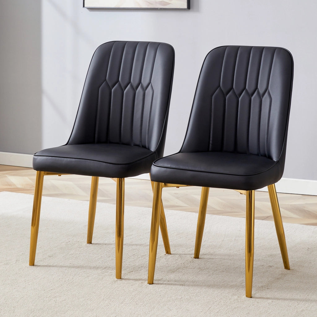 Sedia da pranzo con schienale ergonomico e piedini antiscivolo in similpelle nera e oro