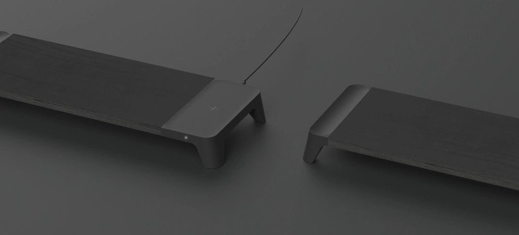 Supporto Monitor da Scrivania 56x20x5,7 cm con Base di Ricarica Wireless in MDF e Plastica Nero