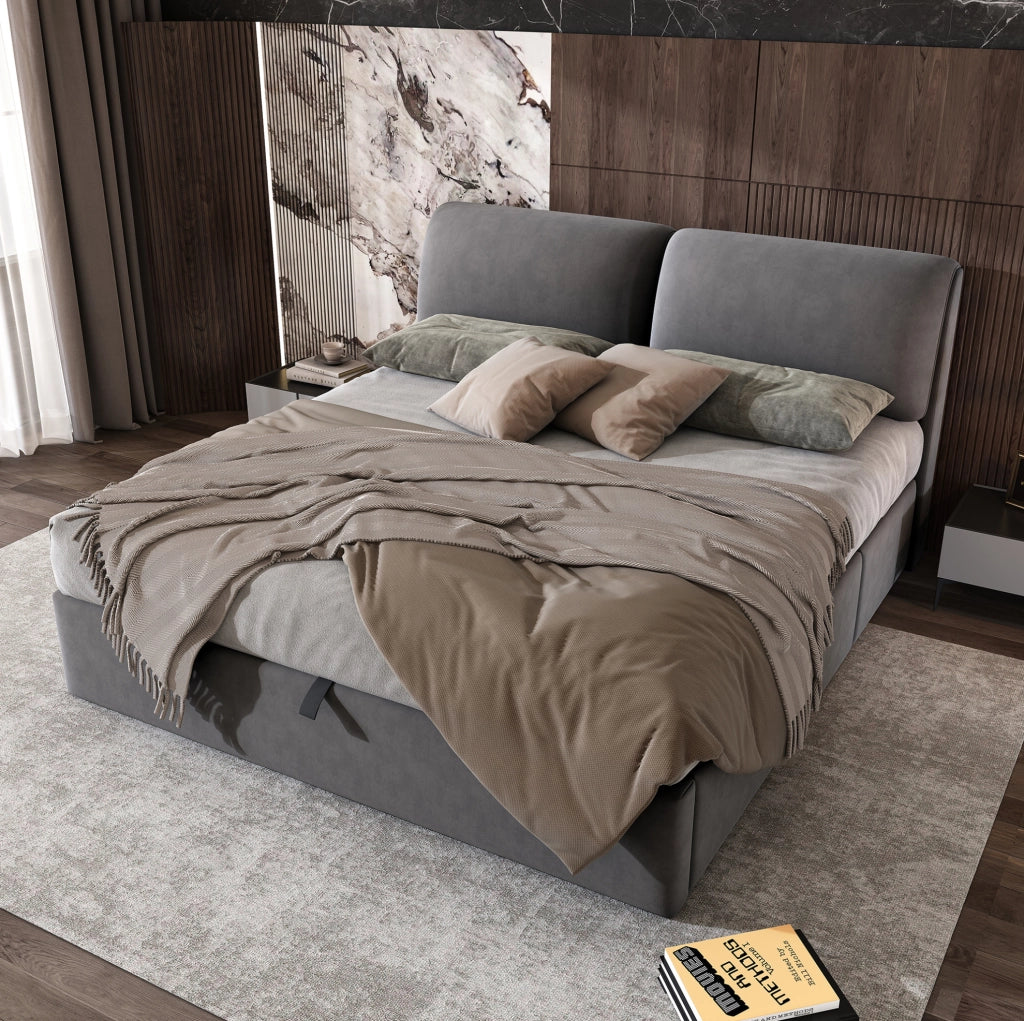 Letto imbottito 160x200 cm in velluto grigio con 3 cassetti