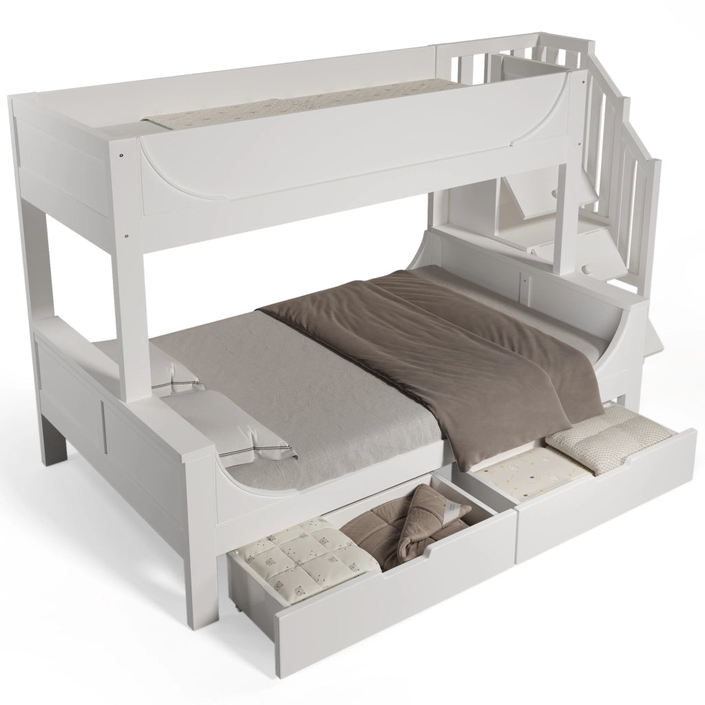 Letto a castello con scalinata e cassetti legno metallo bianco 140x200 cm