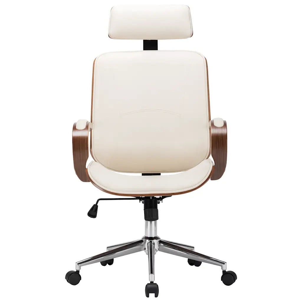 Sedia da Ufficio | Sedia Girevole con Poggiatesta Crema Similpelle e Legno Curvato