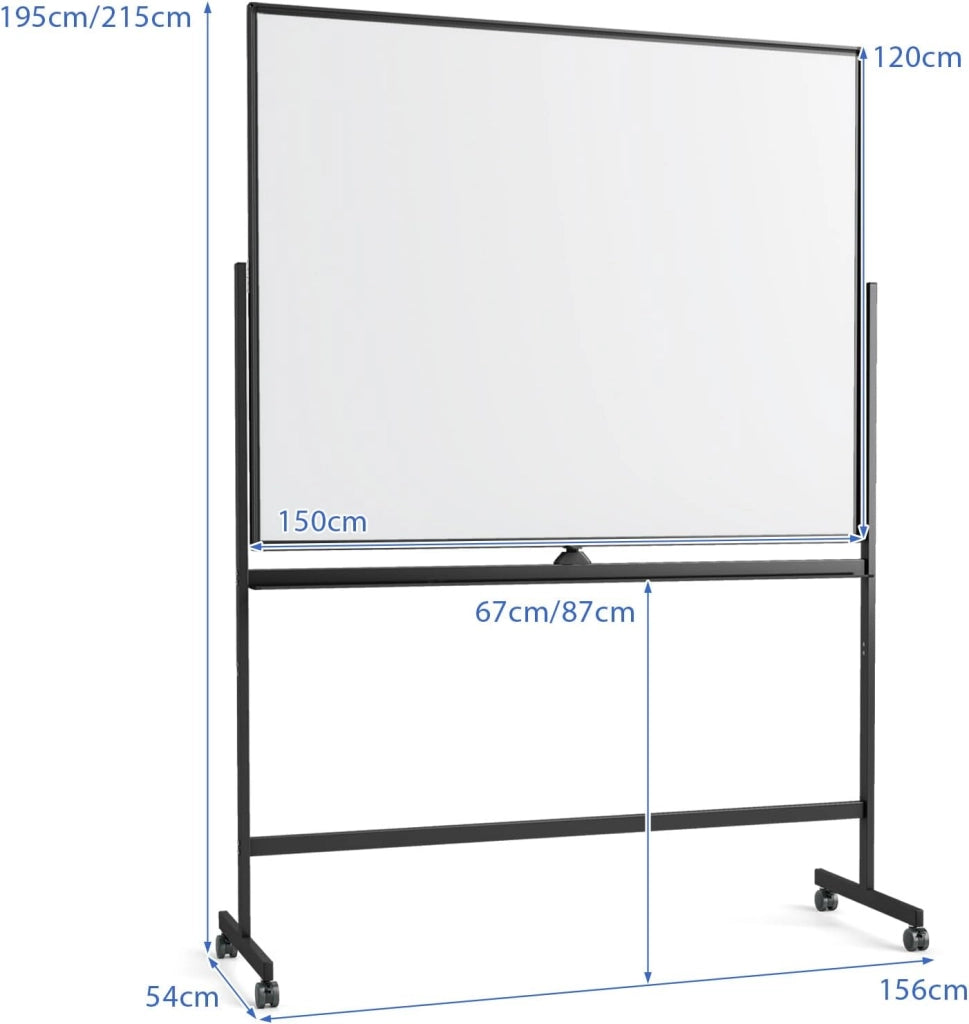 Lavagna bianca magnetica a doppio lato, lavagna mobile con altezza regolabile a 2 livelli, reversibile a 360°, con gomma, pennarelli neri, magneti, per casa, aula, ufficio (150 x 120 cm, nero)