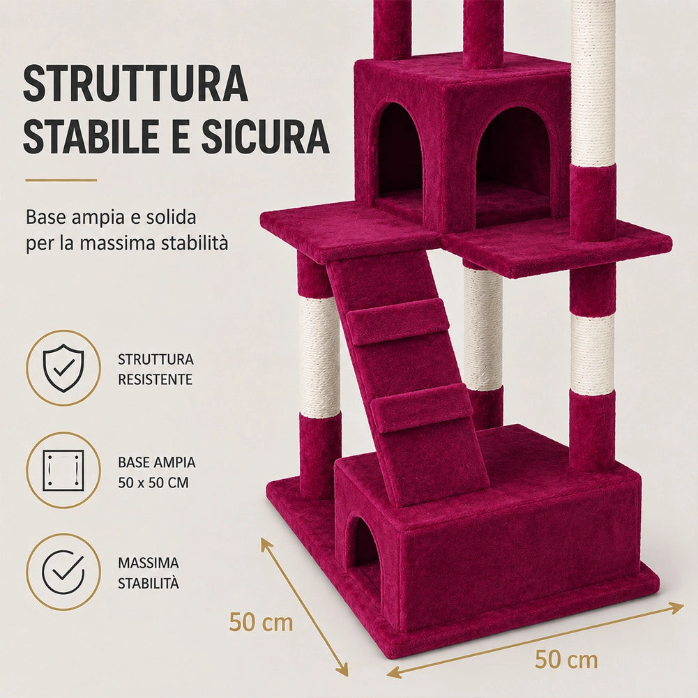 Tiragraffi per Gatti Albero Sisal Parco Giochi Gatto Tira Graffi 170cm Rosso Vin