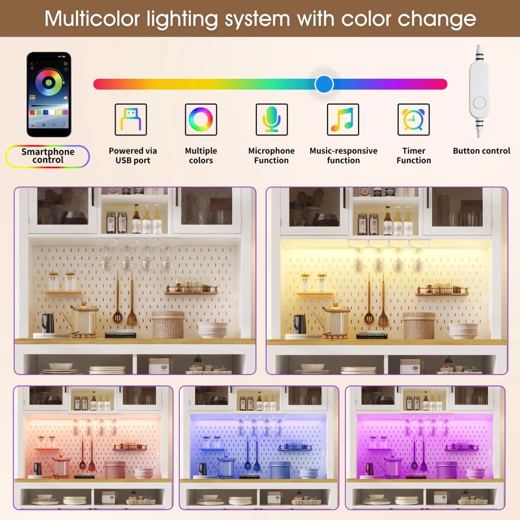 Mobile dispensa alta con LED, presa USB e 4 modalità di apertura, in MDF, bianco, 120 × 40 × 174.5 cm