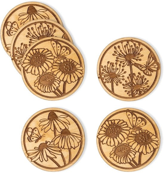 Sottopiani in legno per bicchieri Set da 6 - Sottopiani in legno rotondi 10 cm, Sottopiani in vetro moderni con fiori e farfalle, Sottopiani per tazze come decorazione da tavola, Regali in legno - Sottopiani in legno modello 2