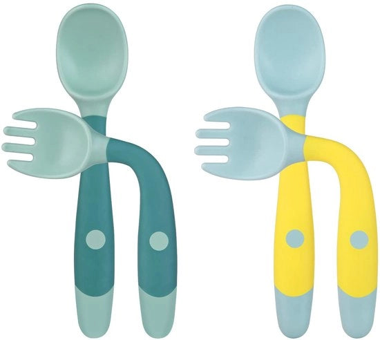 Set di forchetta e cucchiaio per bambini - Set di alimentazione per bambini - Utensili per bambini in silicone - Blu - Sicuro e facile da usare - Adatto per bambini di