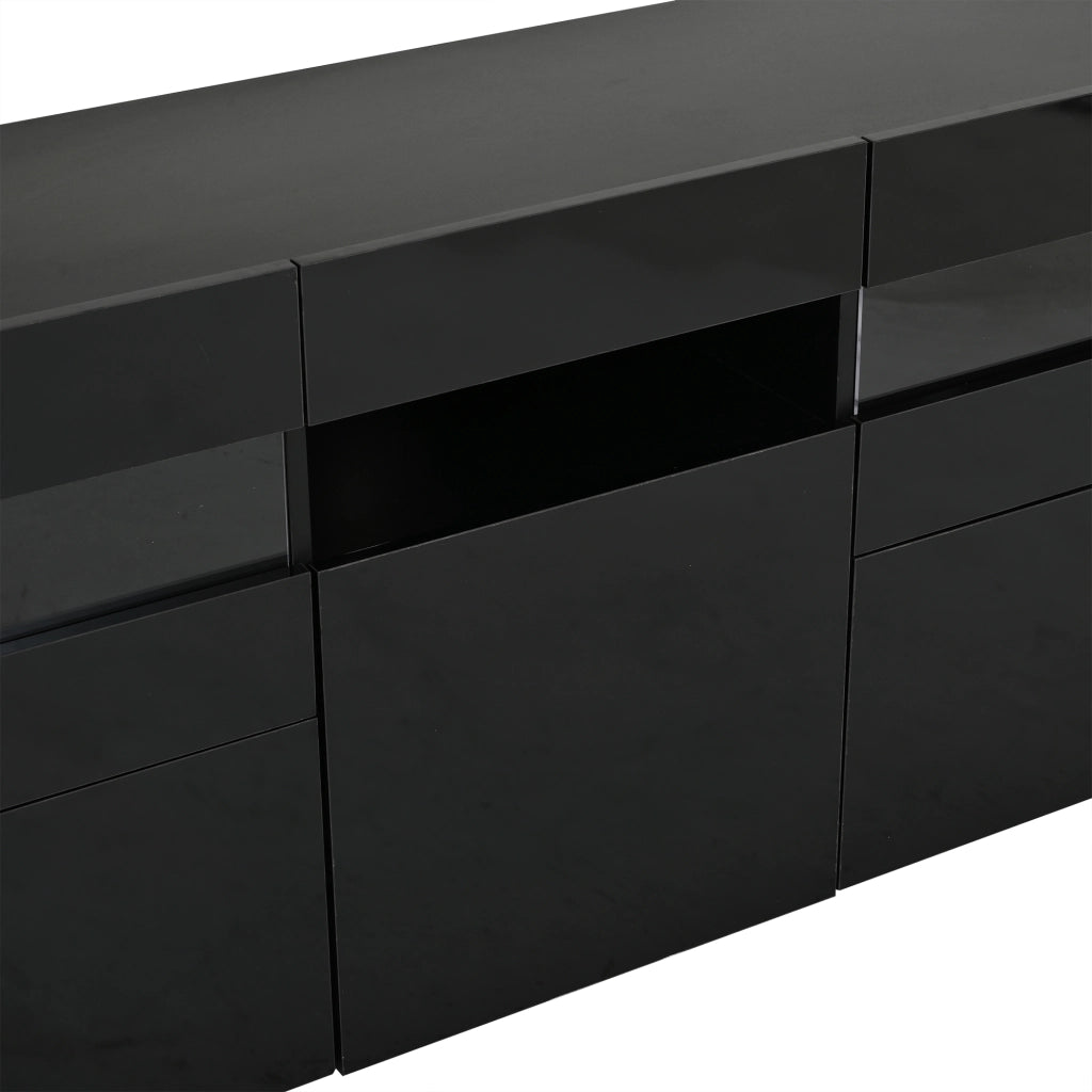 Credenza moderna nera con 3 ante, LED con app, finitura lucida e 7 vani