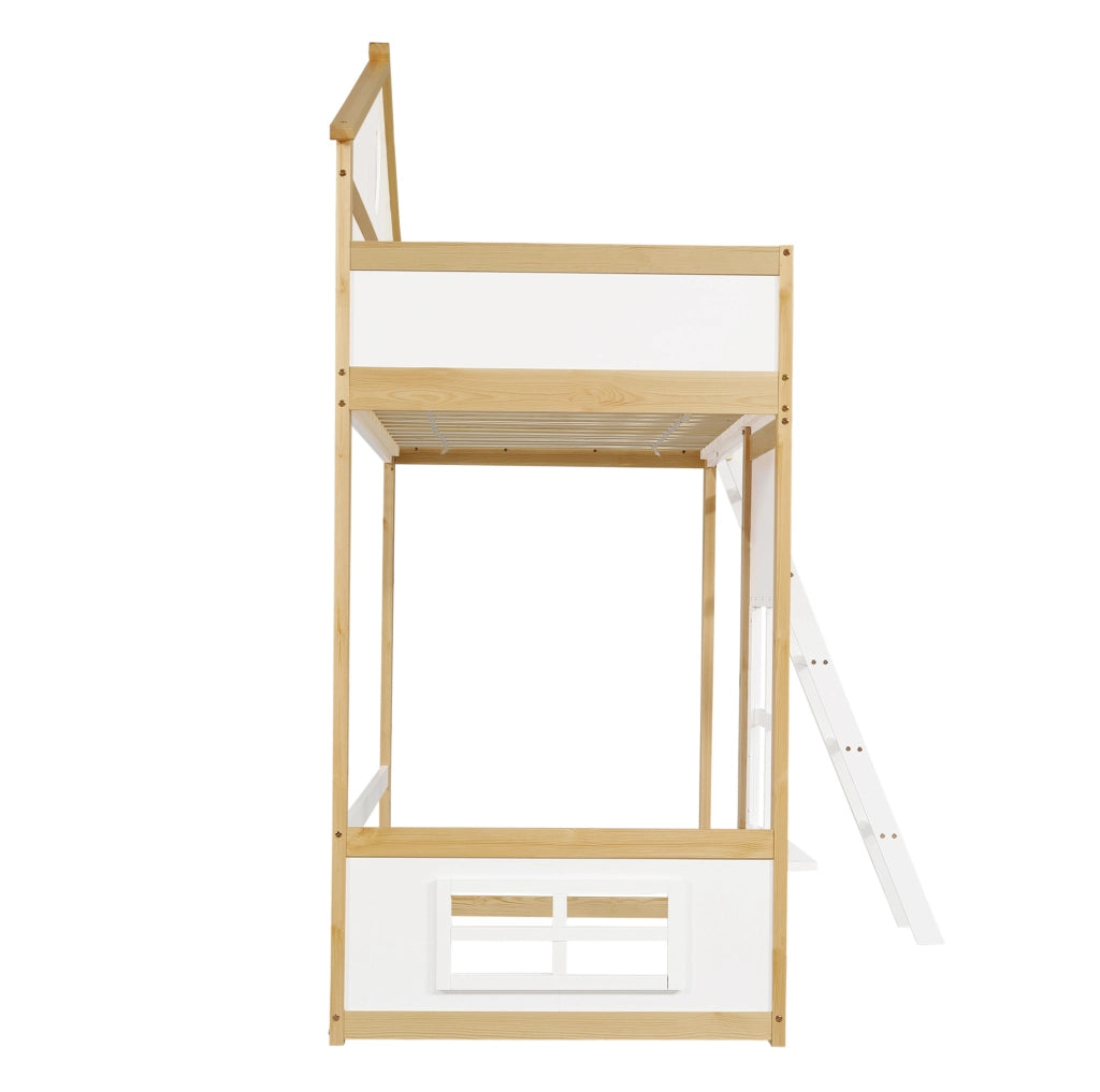 Letto a castello casa 90x200 cm bianco naturale con scala e protezioni